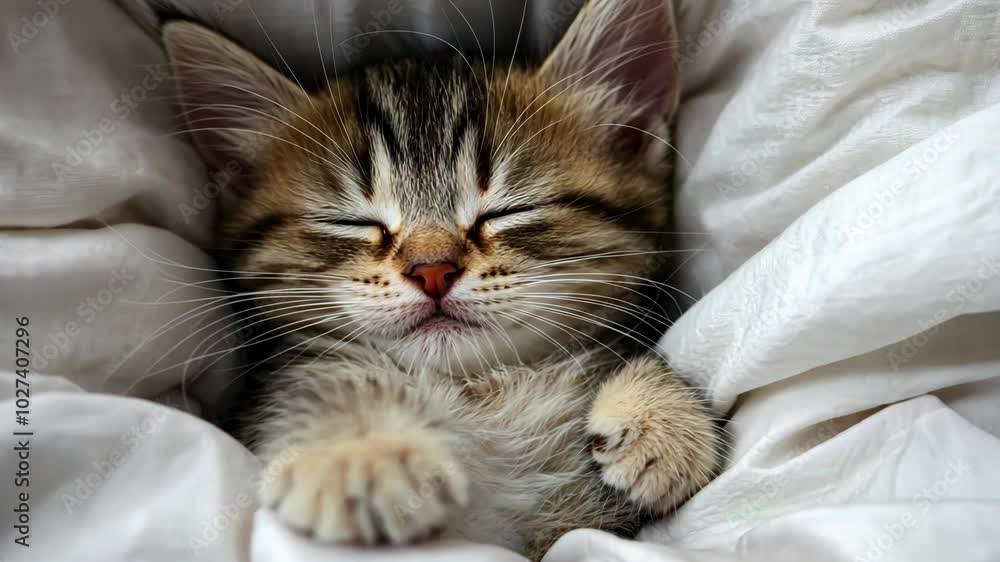 A tabby kitten sleeps peacefully in a bed of white linens A tabby kitten sleeps peacefully in a bed of white linens