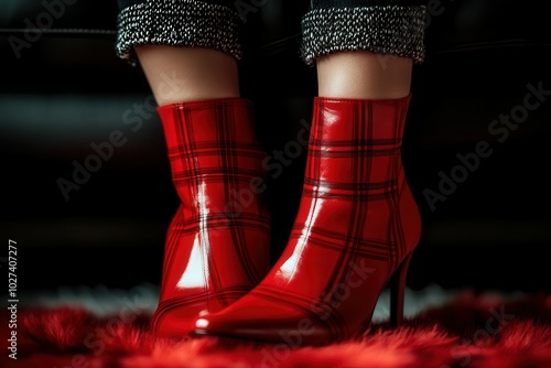 A pair of striking red plaid ankle boots with a glossy finish are elegantly positioned on a plush, textured rug. The setting is indoors, creating a warm and cozy ambiance perfect for showcasing fashio photo