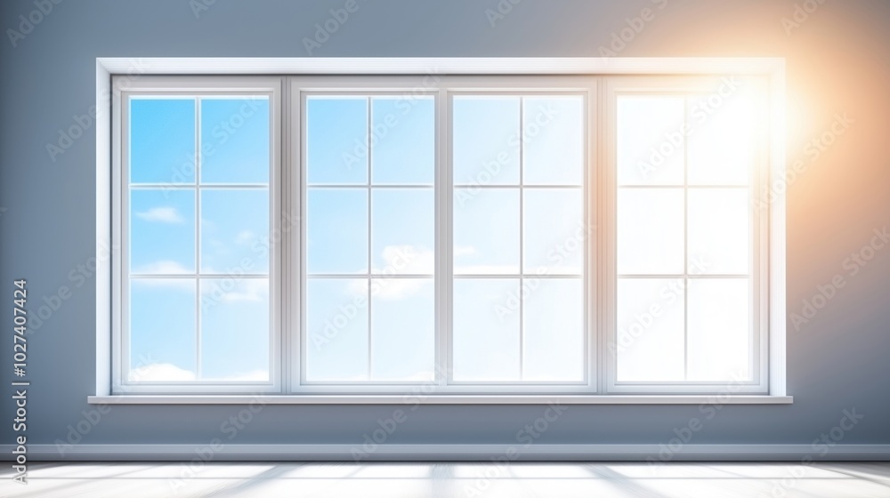 Large window with sunlight and clouds, modern interior design. Large window with sunlight and clouds, modern interior design.