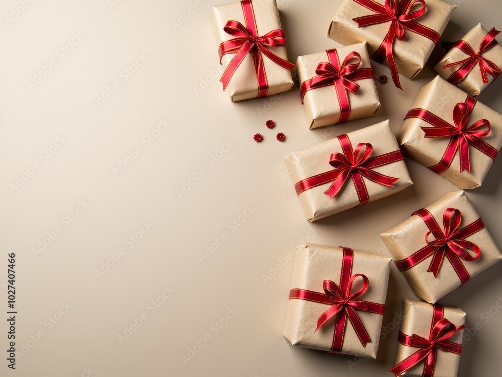 A collection of elegantly wrapped gifts with red ribbons arranged beautifully on a light beige background, perfect for celebrations and holidays A collection of elegantly wrapped gifts with red ribbons arranged beautifully on a light beige background, perfect for celebrations and holidays