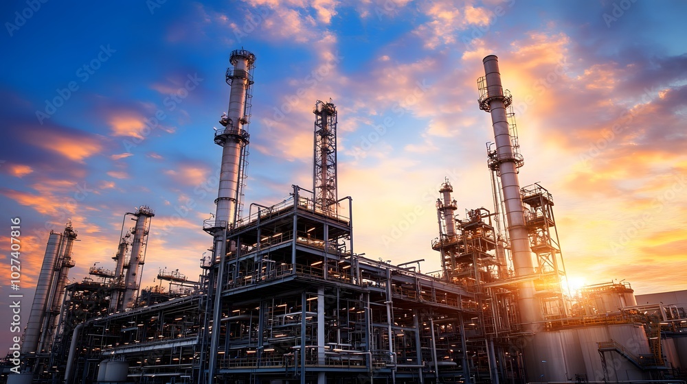 A large industrial plant with many tall towers and a beautiful sunset in the background. The sunset gives the scene a peaceful and serene mood A large industrial plant with many tall towers and a beautiful sunset in the background. The sunset gives the scene a peaceful and serene mood
