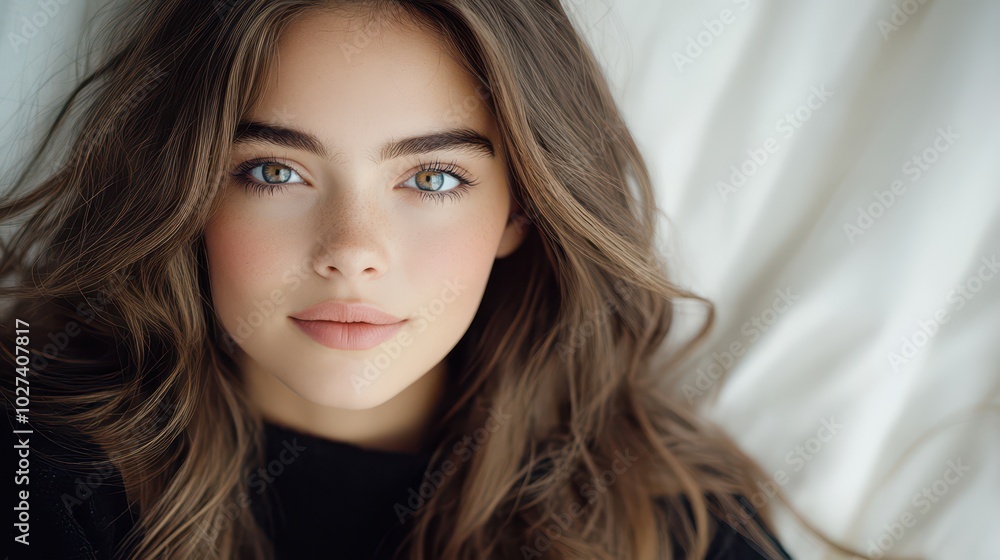 Beautiful 18-year-old French girl with flowing brunette hair and striking blue eyes smiles warmly in her modern bedroom setting Beautiful 18-year-old French girl with flowing brunette hair and striking blue eyes smiles warmly in her modern bedroom setting