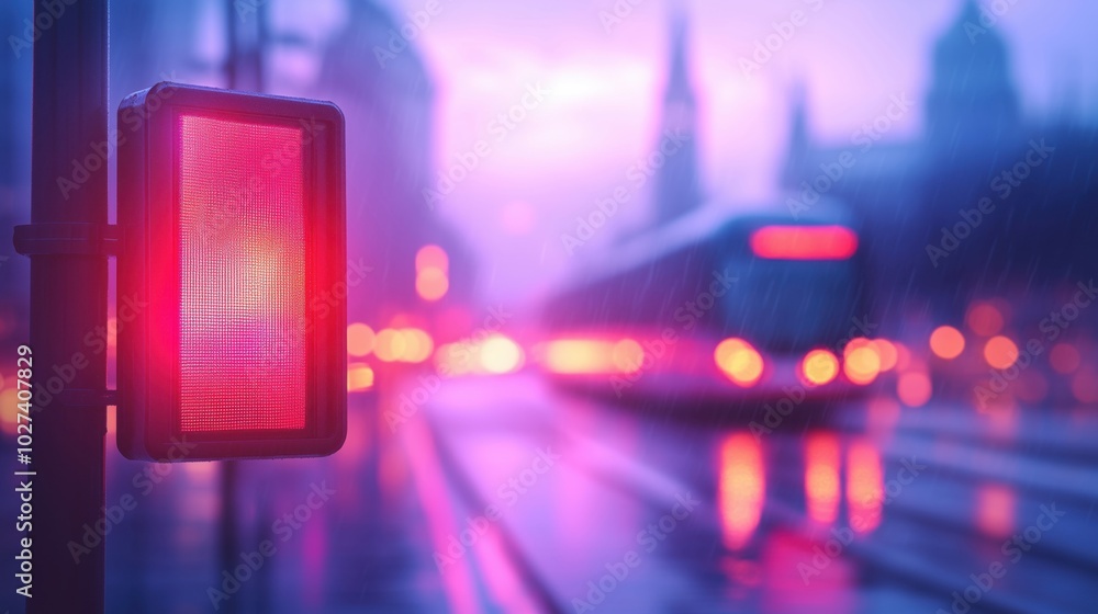 Traffic light at sunset, blurred cityscape in the background, urban setting. Traffic light at sunset, blurred cityscape in the background, urban setting.