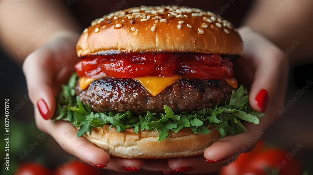 Delicious gourmet hamburger with meat, bacon, cheddar, tomato, lettuce, special sauce, onion and pickles ready to eat Delicious gourmet hamburger with meat, bacon, cheddar, tomato, lettuce, special sauce, onion and pickles ready to eat