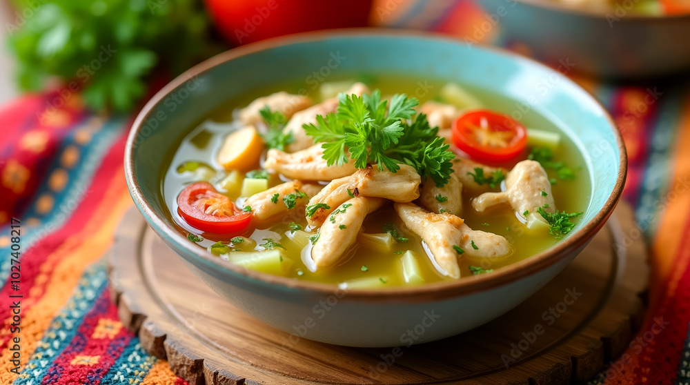 A vibrant bowl filled with tender chicken pieces, fresh vegetables, and herbs sits on a colorful textile tablecloth, evoking a warm and inviting atmosphere A vibrant bowl filled with tender chicken pieces, fresh vegetables, and herbs sits on a colorful textile tablecloth, evoking a warm and inviting atmosphere