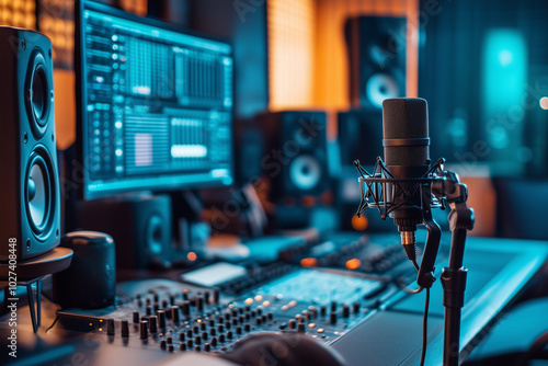 A photo of a professional studio with monitors, microphones, and recording equipment. The focus is on the modern and sleek design of these tools, set against a backdrop that suggests luxury