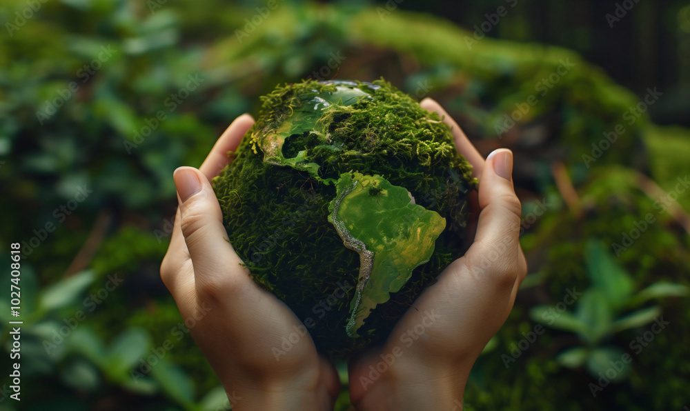 Hands holding Green Planet Earth made of moss on blurred forest background representing World Environment Day concept. Green Earth Day. Hands holding Green Planet Earth made of moss on blurred forest background representing World Environment Day concept. Green Earth Day.