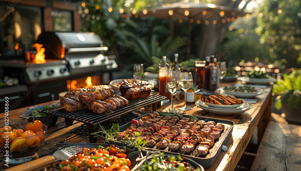 Close up of grilled meat and vegetables outdoor summer concept generated.AI Close up of grilled meat and vegetables outdoor summer concept generated.AI