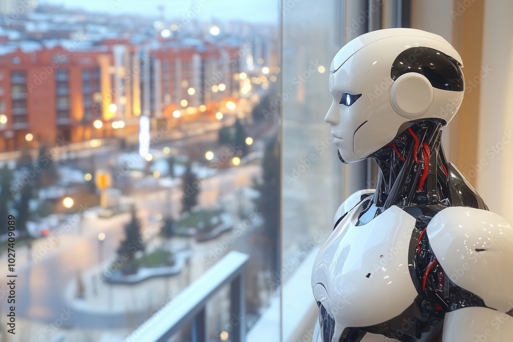 Fototapeta premium A humanoid robot stands near a large window, observing the cityscape as twilight sets in. The urban view features buildings and lights reflecting off the glass. The atmosphere conveys a blend of techn