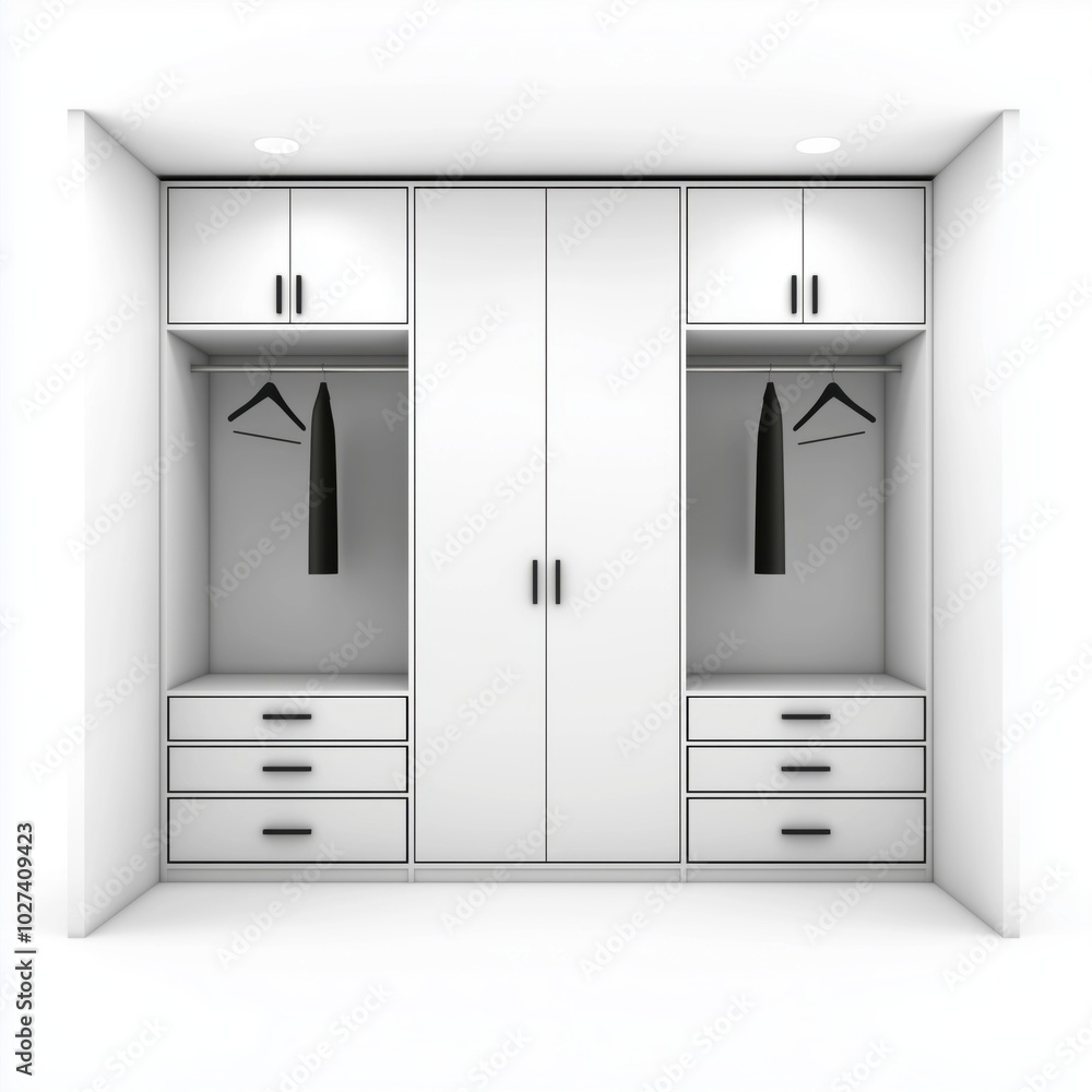 Modern wardrobe with drawers and hanging space, white isolate background Modern wardrobe with drawers and hanging space, white isolate background