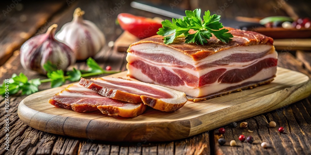 Closeup of Smoked Italian Pancetta on Wooden Board - Gourmet Food Photography Closeup of Smoked Italian Pancetta on Wooden Board - Gourmet Food Photography