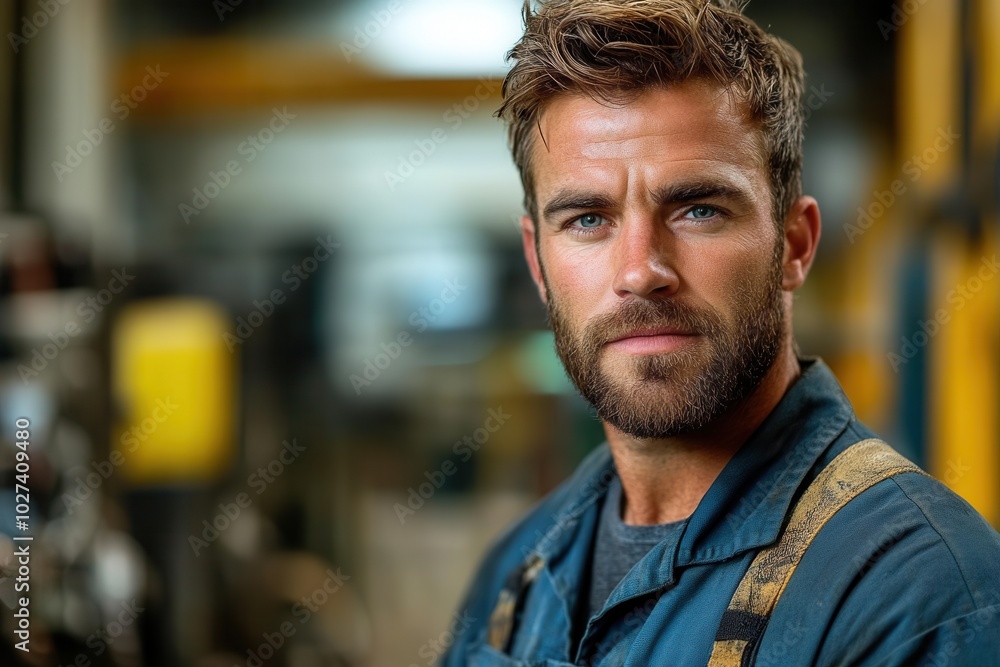 A bearded worker stands in a workshop, radiating skillful concentration and dedication within an industrial setting, depicting a craftsperson driven by work passion. A bearded worker stands in a workshop, radiating skillful concentration and dedication within an industrial setting, depicting a craftsperson driven by work passion.
