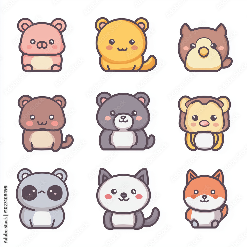 Kawaii style animal characters in adorable illustrations Kawaii style animal characters in adorable illustrations