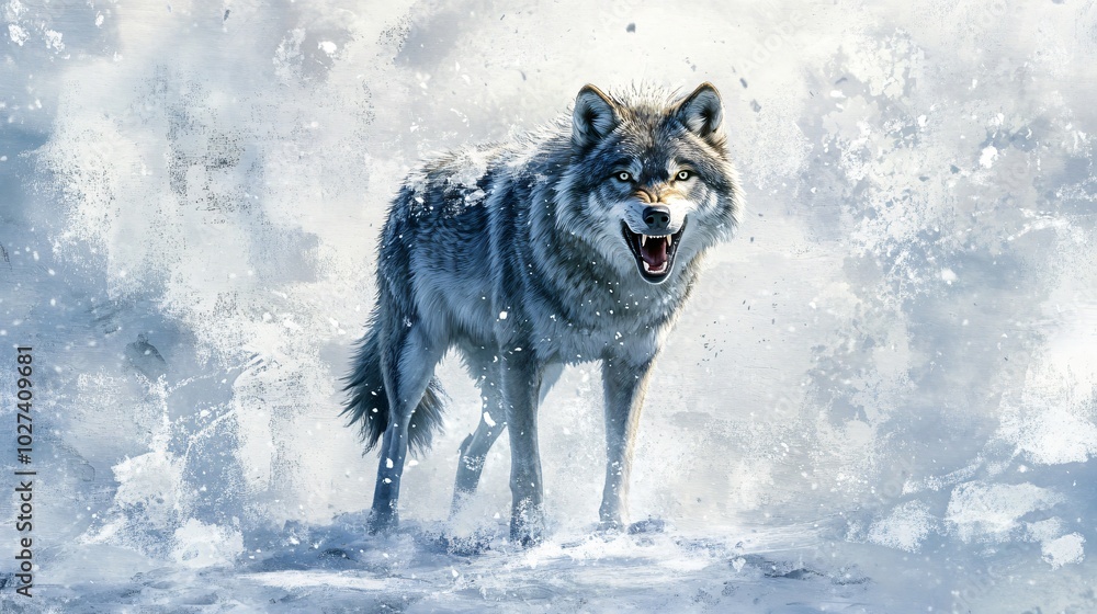 A lone wolf stands in a snowy landscape, its teeth bared in a fierce snarl. A lone wolf stands in a snowy landscape, its teeth bared in a fierce snarl.