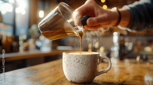 A cozy coffee shop scene with aromatic espresso being poured into a rustic mug, creating warmth and inviting ambiance.