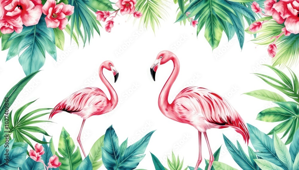 Fototapeta premium Tropical birds: pink flamingo on isolated white background, watercolor illustration AI Generate