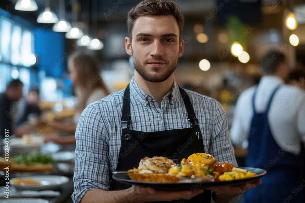 A dedicated male waiter in a checkered shirt and apron stands in a busy dining area, showcasing a stylishly plated dish and exuding professionalism amidst a lively environment. A dedicated male waiter in a checkered shirt and apron stands in a busy dining area, showcasing a stylishly plated dish and exuding professionalism amidst a lively environment.