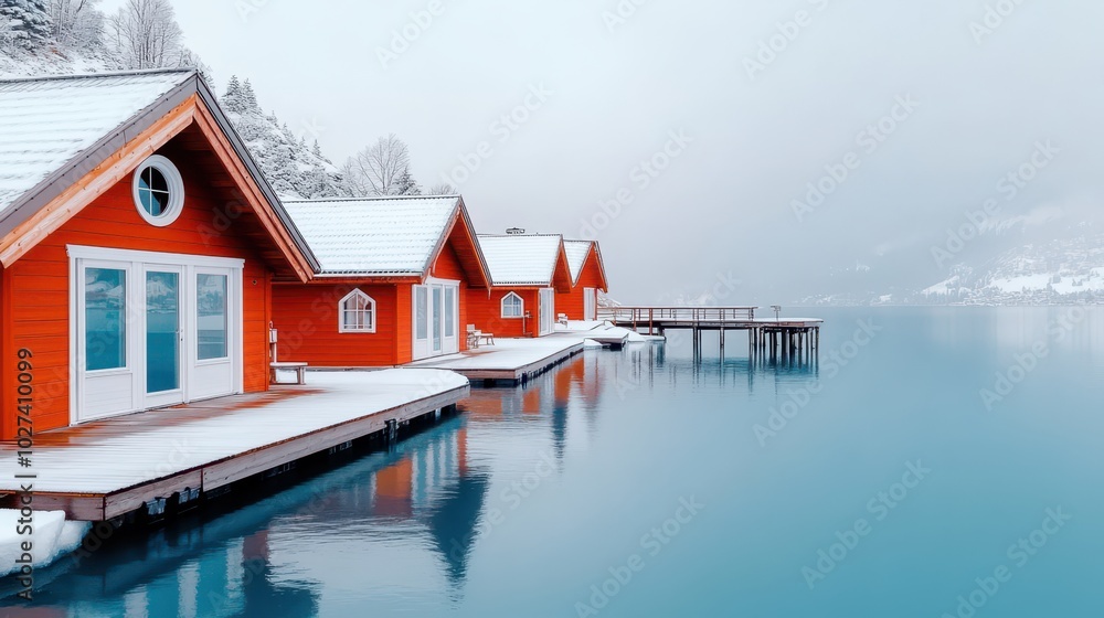 Fototapeta premium A row of charming red wooden houses on a calm lake with snowy landscapes and Scandinavian architecture under a gray sky