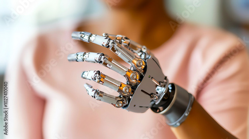 Close-up of a robotic hand on a person's arm, showcasing advanced prosthetic technology, indoors. photo