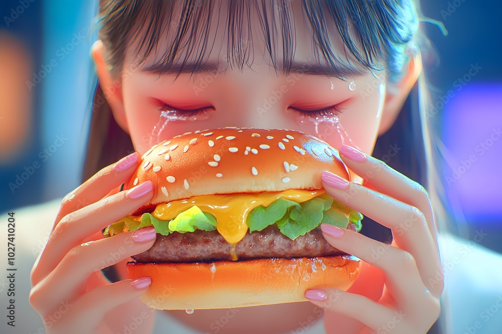 An Asian girl with long hair is eating an extremely large hamburger, tears streaming down her face as she chews the burger, the cartoon illustration style An Asian girl with long hair is eating an extremely large hamburger, tears streaming down her face as she chews the burger, the cartoon illustration style