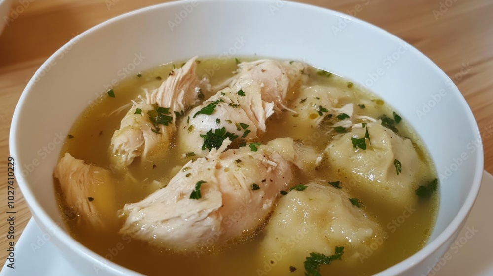 A bowl of chicken and dumplings soup with parsley garnish. A bowl of chicken and dumplings soup with parsley garnish.