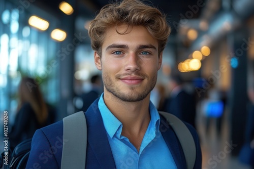 A vibrant young professional, dressed in a striking blue outfit with a backpack, stands confidently in a lively corridor, embodying youthful energy and modernity, surrounded by people. photo