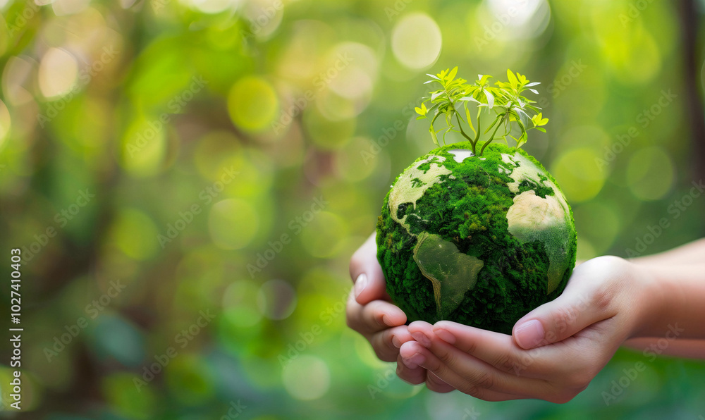 Hands holding Green Planet Earth made of moss on blurred forest background representing World Environment Day concept. Green Earth Day. Hands holding Green Planet Earth made of moss on blurred forest background representing World Environment Day concept. Green Earth Day.