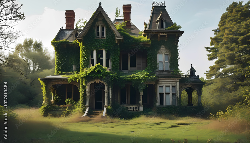 A grand, abandoned Victorian mansion, overgrown with ivy, stands silently amidst a field of tall grass A grand, abandoned Victorian mansion, overgrown with ivy, stands silently amidst a field of tall grass