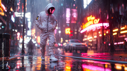 Person in futuristic attire walking through neon-lit street on a rainy night, evoking a cyberpunk atmosphere.