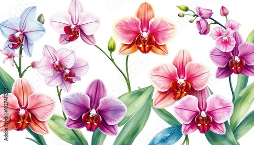 Set of exotic orchid flowers on isolated white background, botanical painting, watercolor illustration, tropical flora AI Generate