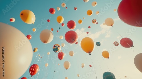 A colorful arrangement of Oktoberfest balloons floating against a clear sky