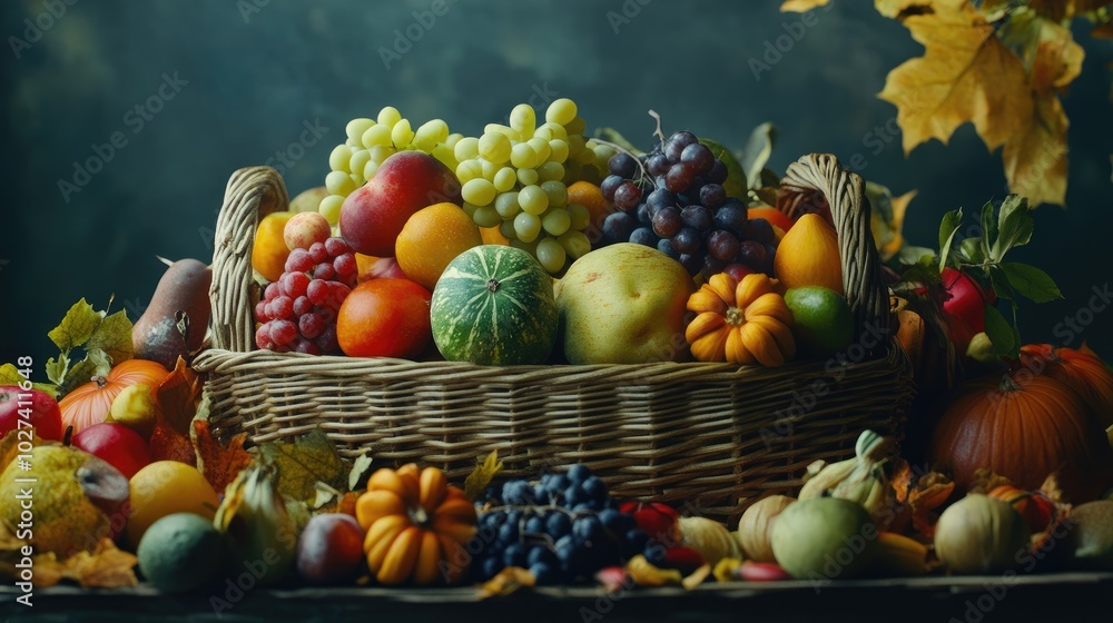A colorful display of autumn fruits and vegetables arranged in a basket A colorful display of autumn fruits and vegetables arranged in a basket