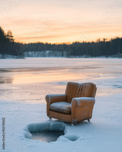 Abandoned fishing chair on frozen lake photo