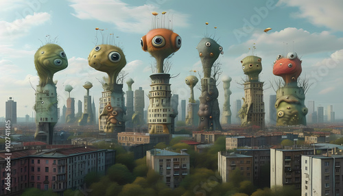 Surreal cityscape with towering alien-like structures and a backdrop of human-built buildings photo