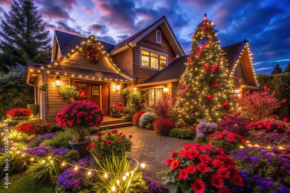 Cozy Brown House Adorned with New Year's Lights Amidst Colorful Flowers Cozy Brown House Adorned with New Year's Lights Amidst Colorful Flowers