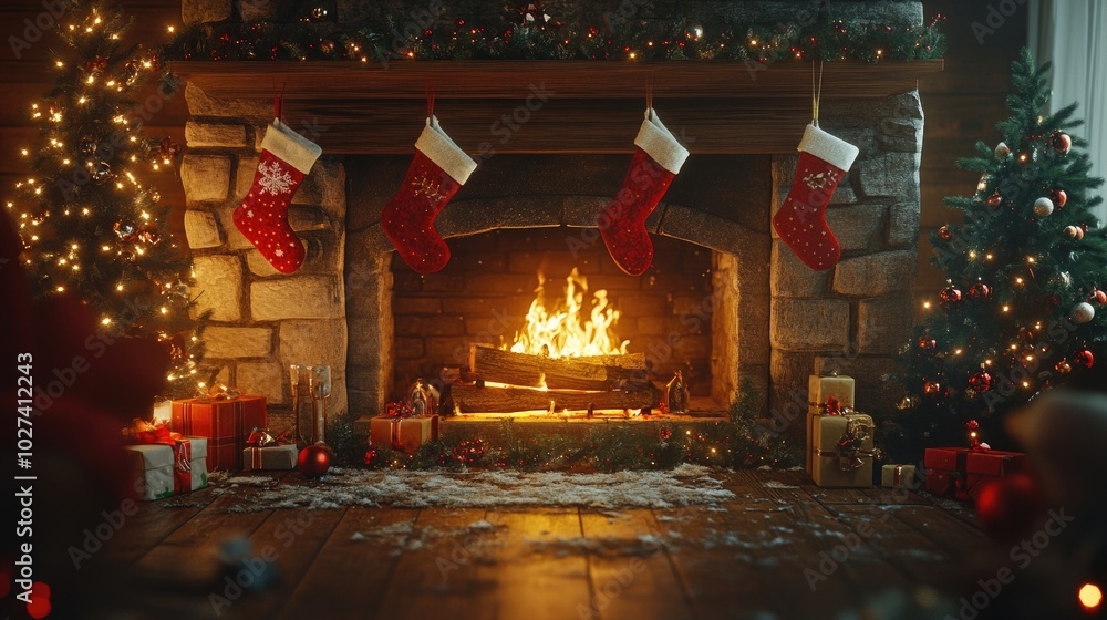A cozy fireplace with stockings hung, surrounded by New Year decorations A cozy fireplace with stockings hung, surrounded by New Year decorations