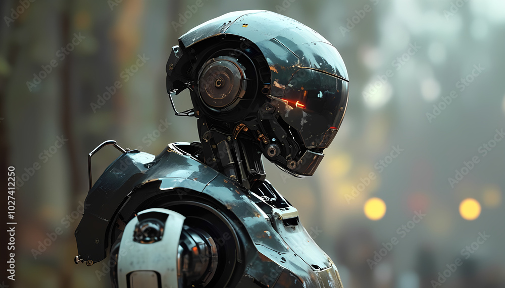 Fototapeta premium A sleek, black robot with glowing red eyes stands amidst a blurry urban backdrop