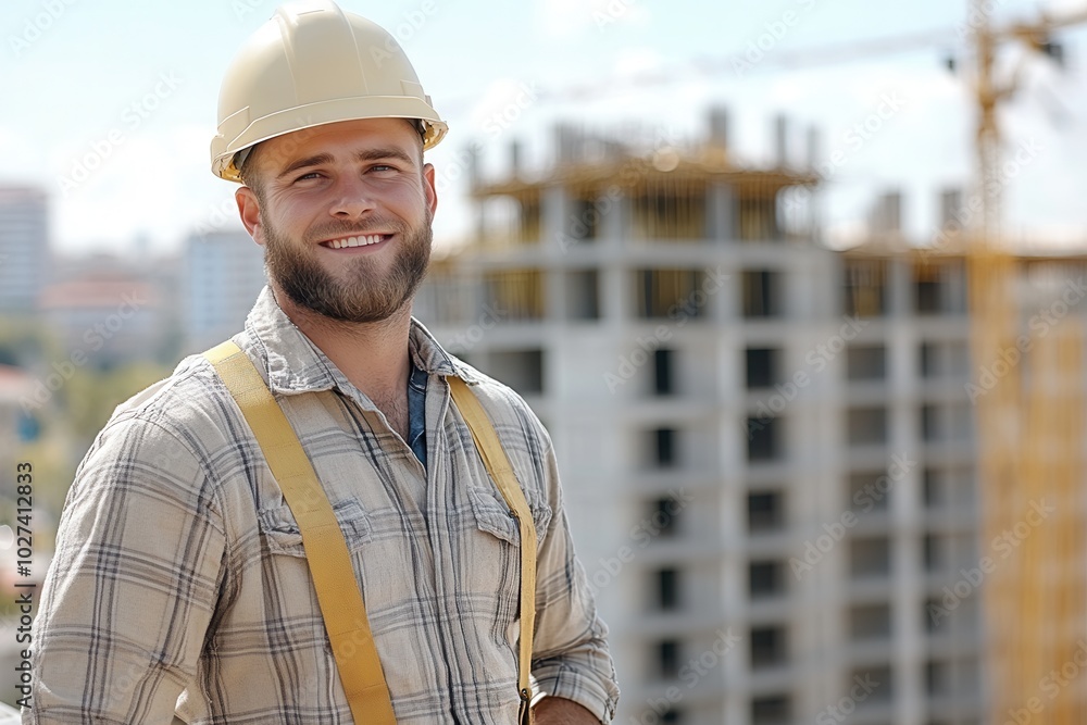 A cheerful construction worker wearing a yellow hard hat and checkered shirt stands confidently at a bustling construction site. A cheerful construction worker wearing a yellow hard hat and checkered shirt stands confidently at a bustling construction site.