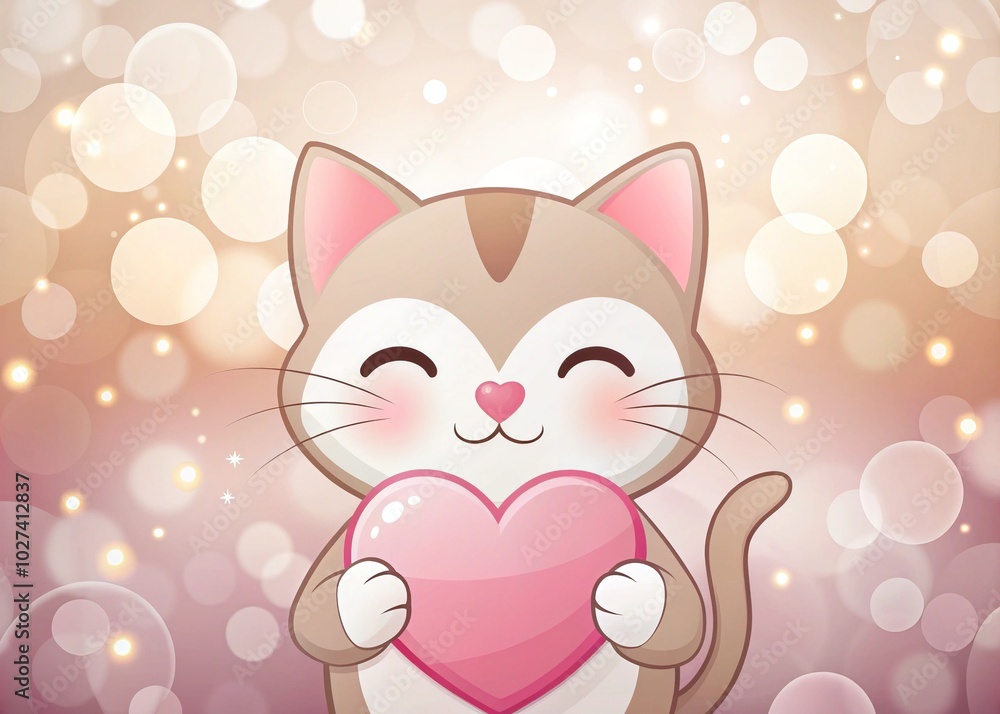 Cute Cat Smiling with Heart for Valentine's Day Celebration in a Romantic Bokeh Background Cute Cat Smiling with Heart for Valentine's Day Celebration in a Romantic Bokeh Background