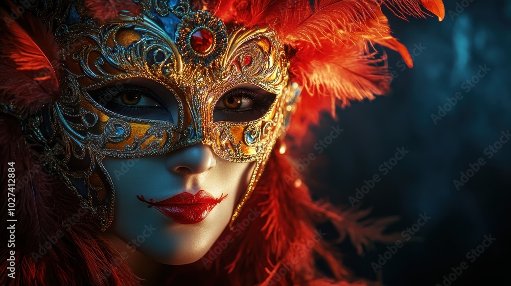 An artistic shot of a woman wearing a decorative Venetian mask, with rich colors and feathers, standing against a dark, dramatic background, symbolizing mystery and elegance An artistic shot of a woman wearing a decorative Venetian mask, with rich colors and feathers, standing against a dark, dramatic background, symbolizing mystery and elegance