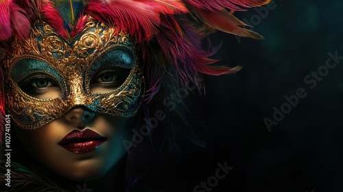 Wallpaper Mural An artistic shot of a woman wearing a decorative Venetian mask, with rich colors and feathers, standing against a dark, dramatic background, symbolizing mystery and elegance Torontodigital.ca