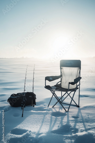 Abandoned fishing chair on frozen lake photo