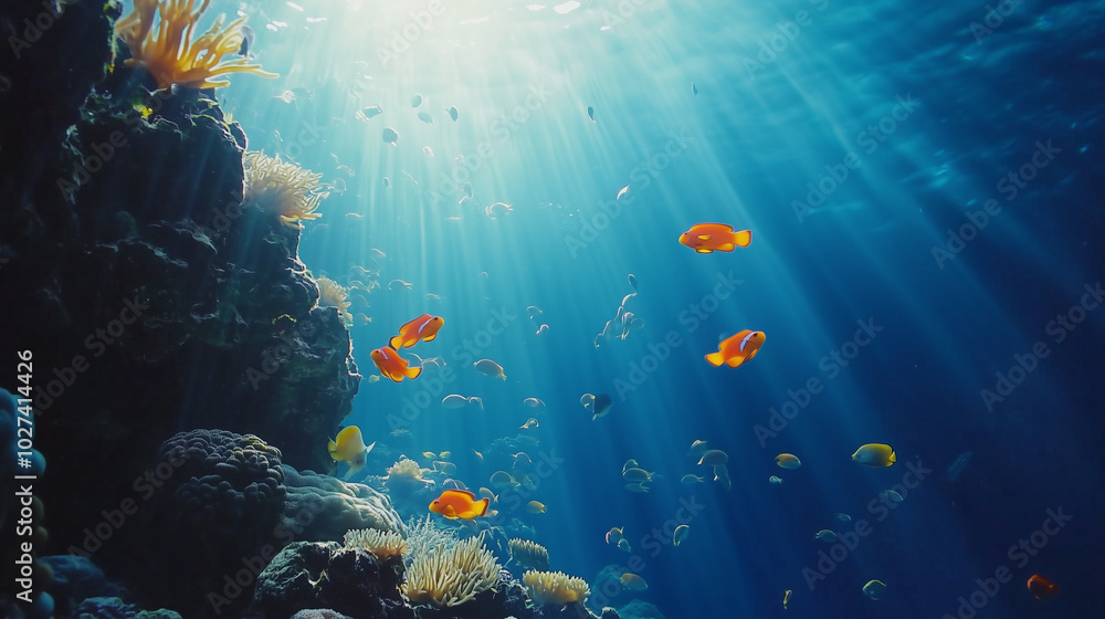 Fototapeta premium Underwater camera aimed at waterfall falling into lake