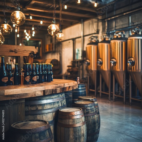 A barrel aging room decorated with rustic wooden furniture and copper brewing tools, emphasizing traditional craft beer production, with copy space for brand or product placement. photo