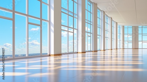 A spacious, modern interior with large windows letting in natural light, showcasing a bright, clean floor and a clear blue sky outside.