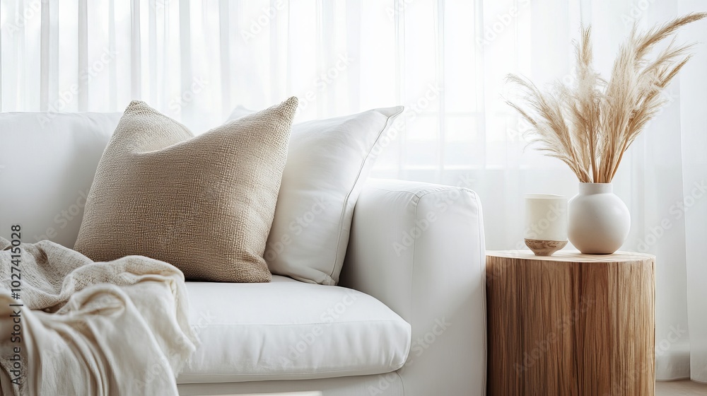 Modern Living Room Interior Featuring Cozy Plush White Sofas, a Wooden Side Table with Decorative Items, and Minimalist Decor for a Stylish Home Decor Template. Modern Living Room Interior Featuring Cozy Plush White Sofas, a Wooden Side Table with Decorative Items, and Minimalist Decor for a Stylish Home Decor Template.