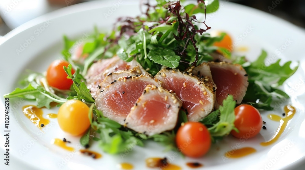Fresh Seared Tuna Salad with Cherry Tomatoes and Greens Fresh Seared Tuna Salad with Cherry Tomatoes and Greens