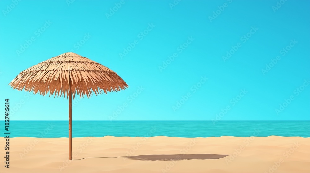 A serene beach scene featuring a straw umbrella on golden sand, with a clear blue sky and tranquil sea in the background. A serene beach scene featuring a straw umbrella on golden sand, with a clear blue sky and tranquil sea in the background.
