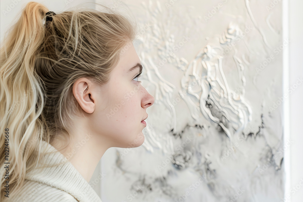 Side profile of young woman closely observing textured abstract artwork in a gallery