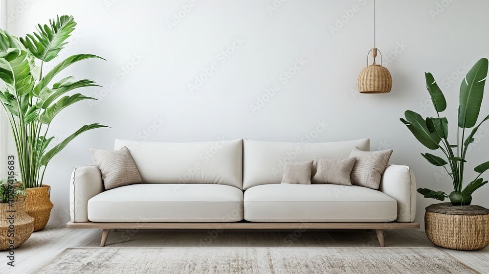 Cozy Modern Living Room Interior Featuring a Sofa and Decor Accessories Against a White Wall, Captured in a Bright and Inviting 3D Rendering. Cozy Modern Living Room Interior Featuring a Sofa and Decor Accessories Against a White Wall, Captured in a Bright and Inviting 3D Rendering.